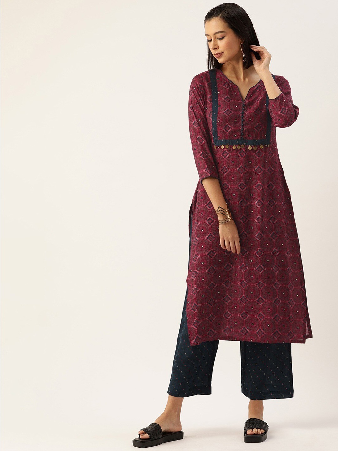 

KALINI Ethnic Motif Printed Regular Pure Cotton Kurta with Trousers, Magenta