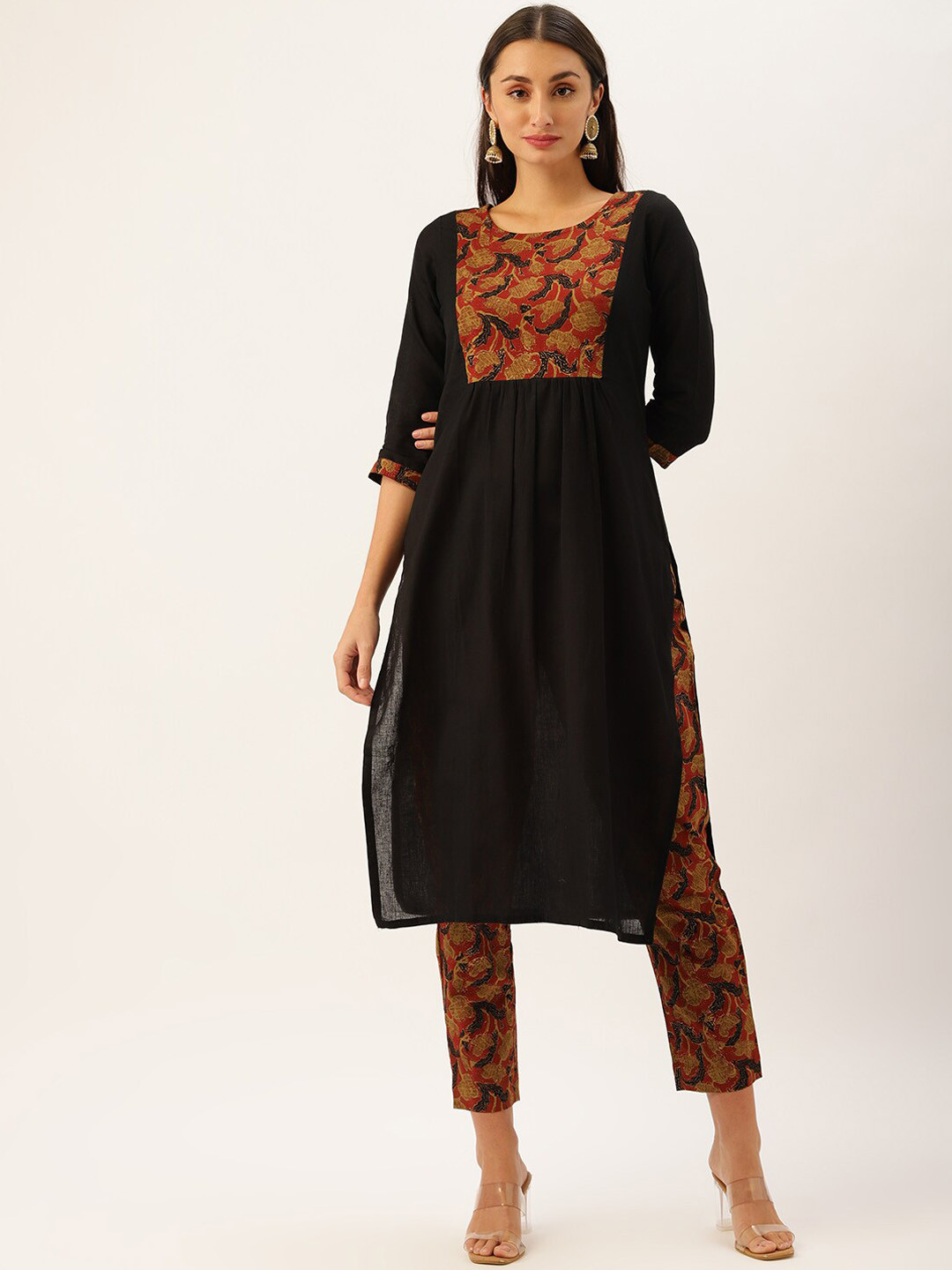 

KALINI Floral Yoke Design Regular Pure Cotton Kurta With Trousers, Black