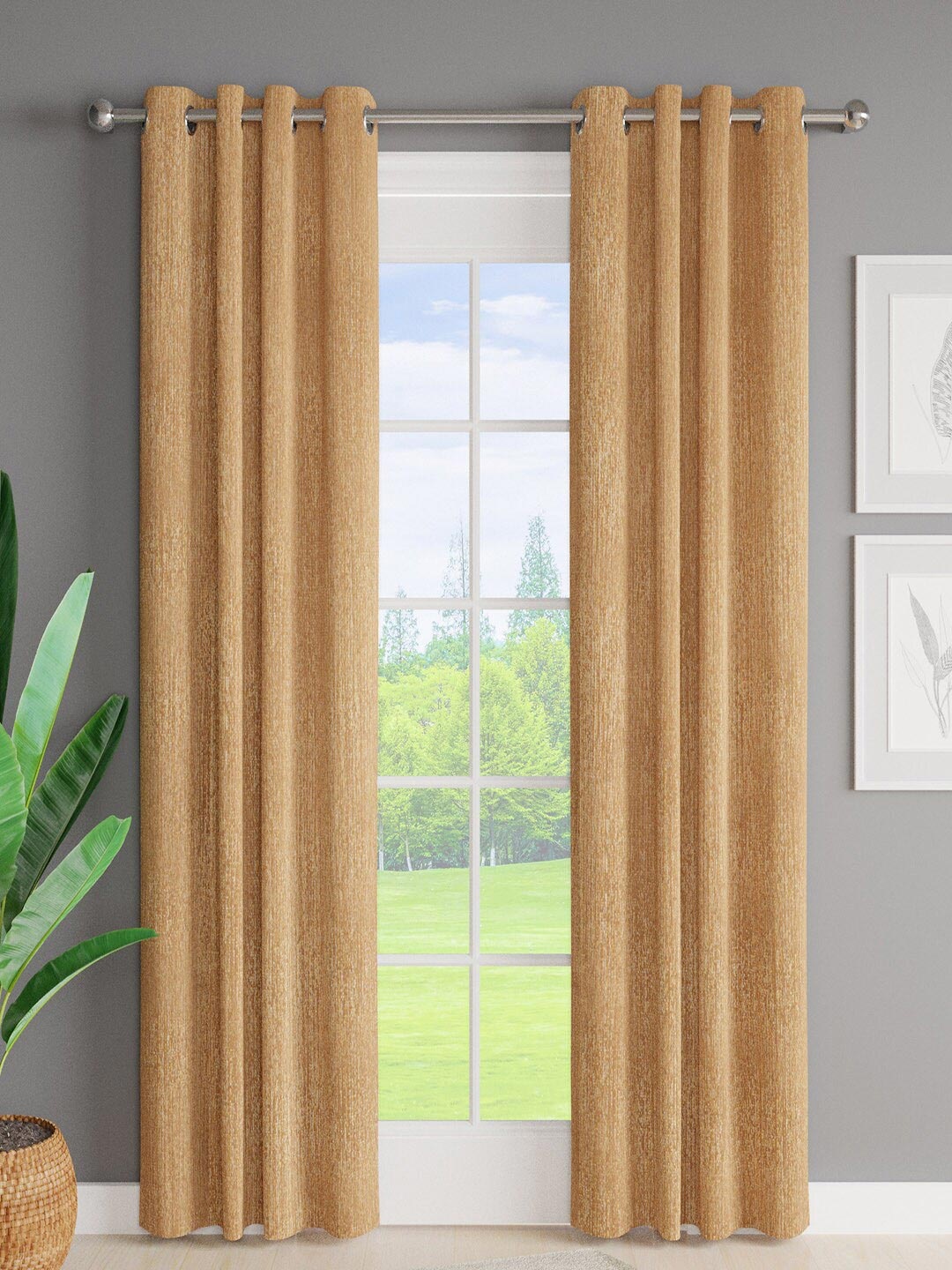 

Just Home Brown 2 Pieces Self Design Door Curtains