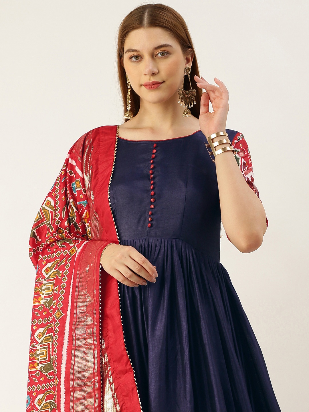 

LOOKNBOOK ART Ethnic Motifs Printed Gown Dress With Dupatta, Navy blue