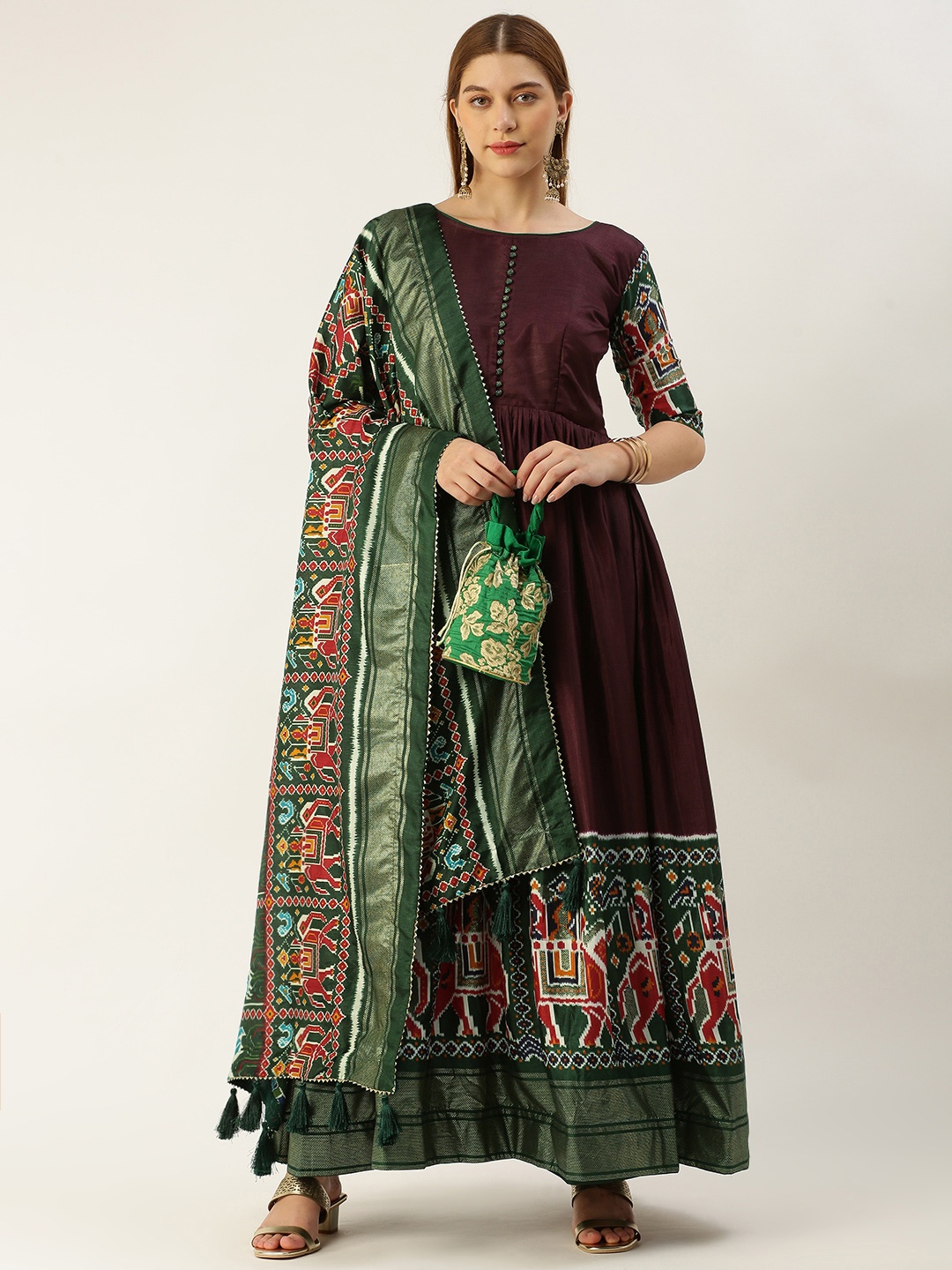 

LOOKNBOOK ART Ethnic Motifs Printed Gown Dress With Dupatta, Brown