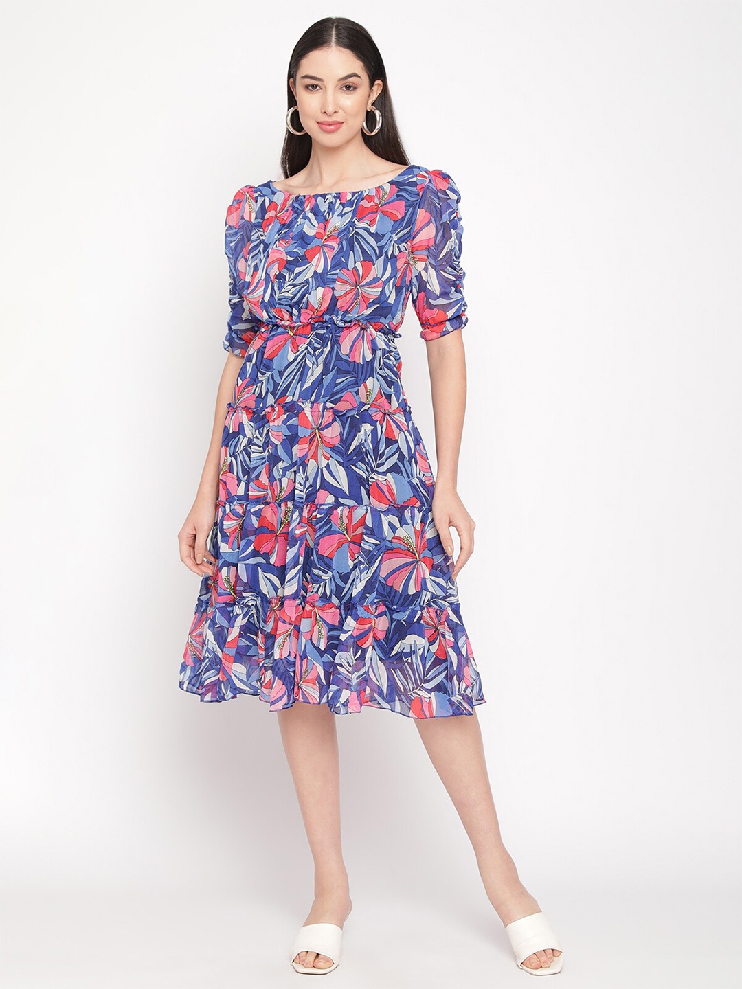 

Sugathari Floral Printed Tiered A-Line Midi Dress, Blue