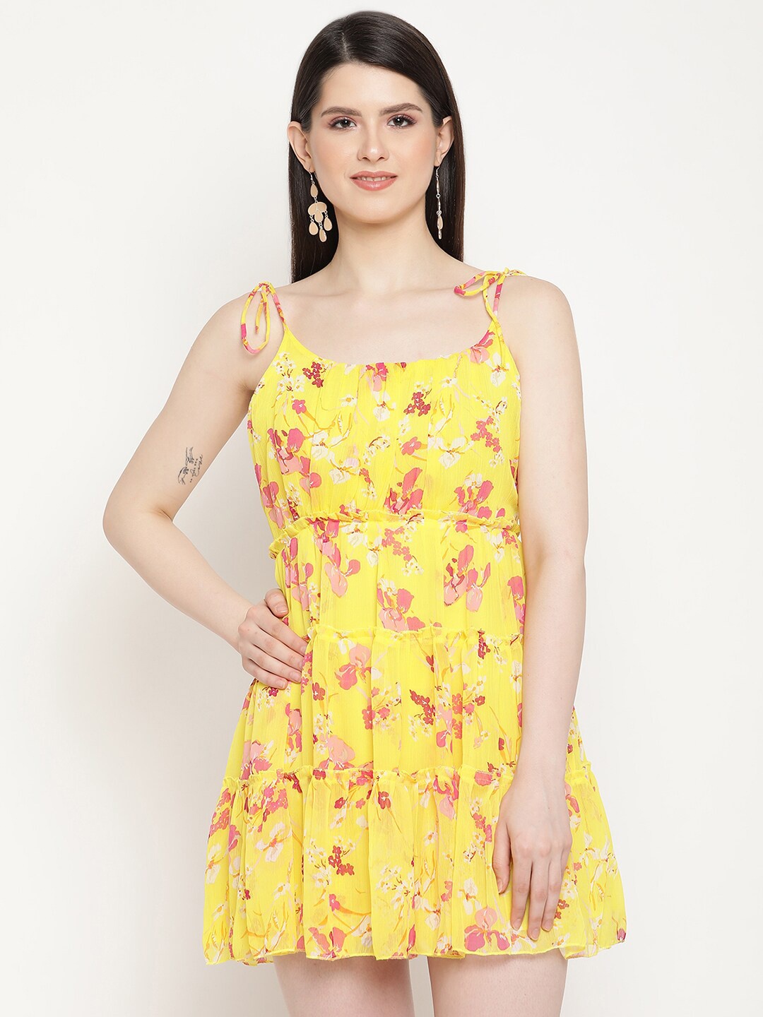 

Sugathari Floral Printed Shoulder Straps Ruffled Chiffon Fit & Flare Tiered Dress, Yellow