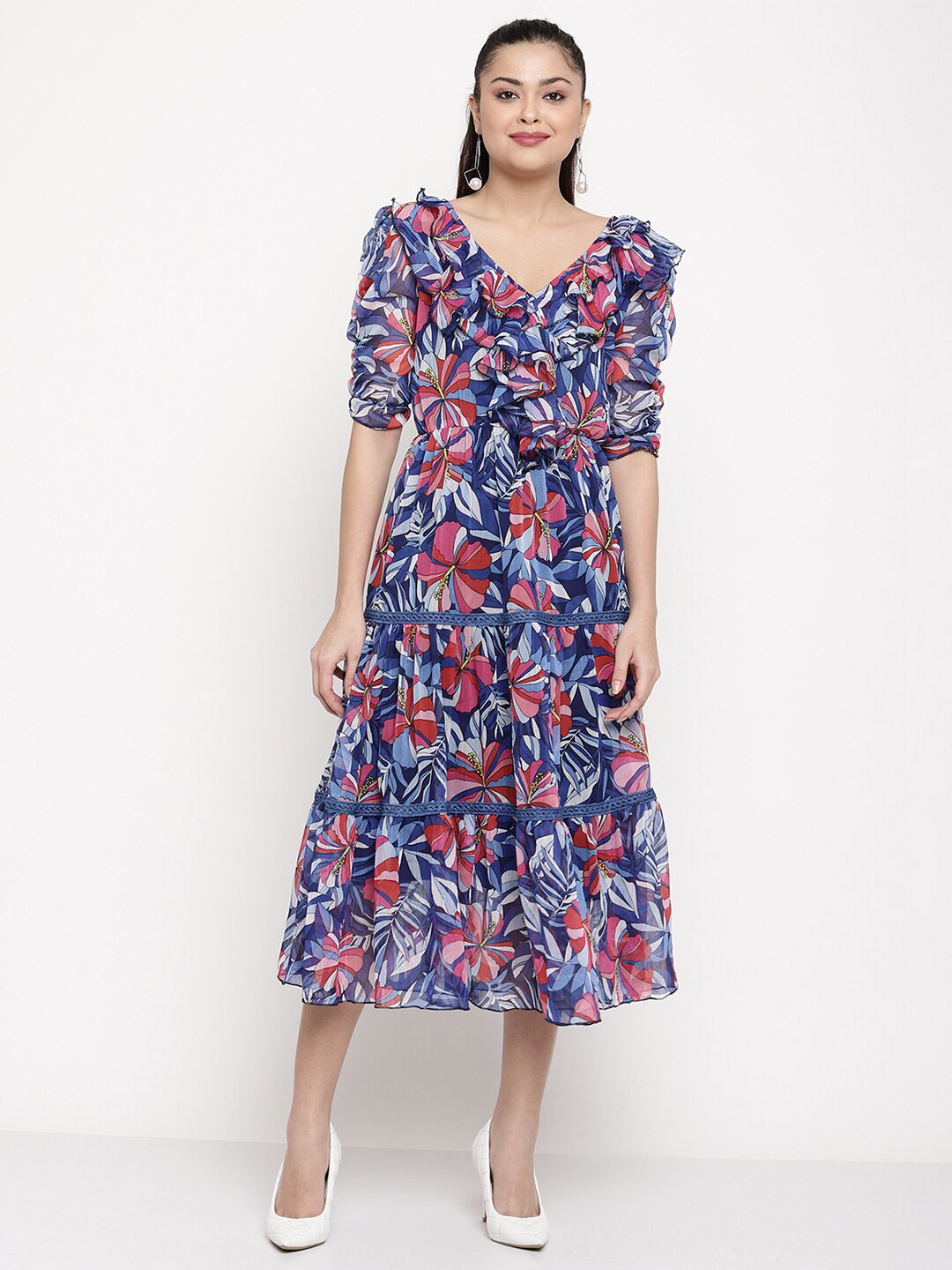 

Sugathari Floral Printed Tiered A-Line Midi Dress, Blue