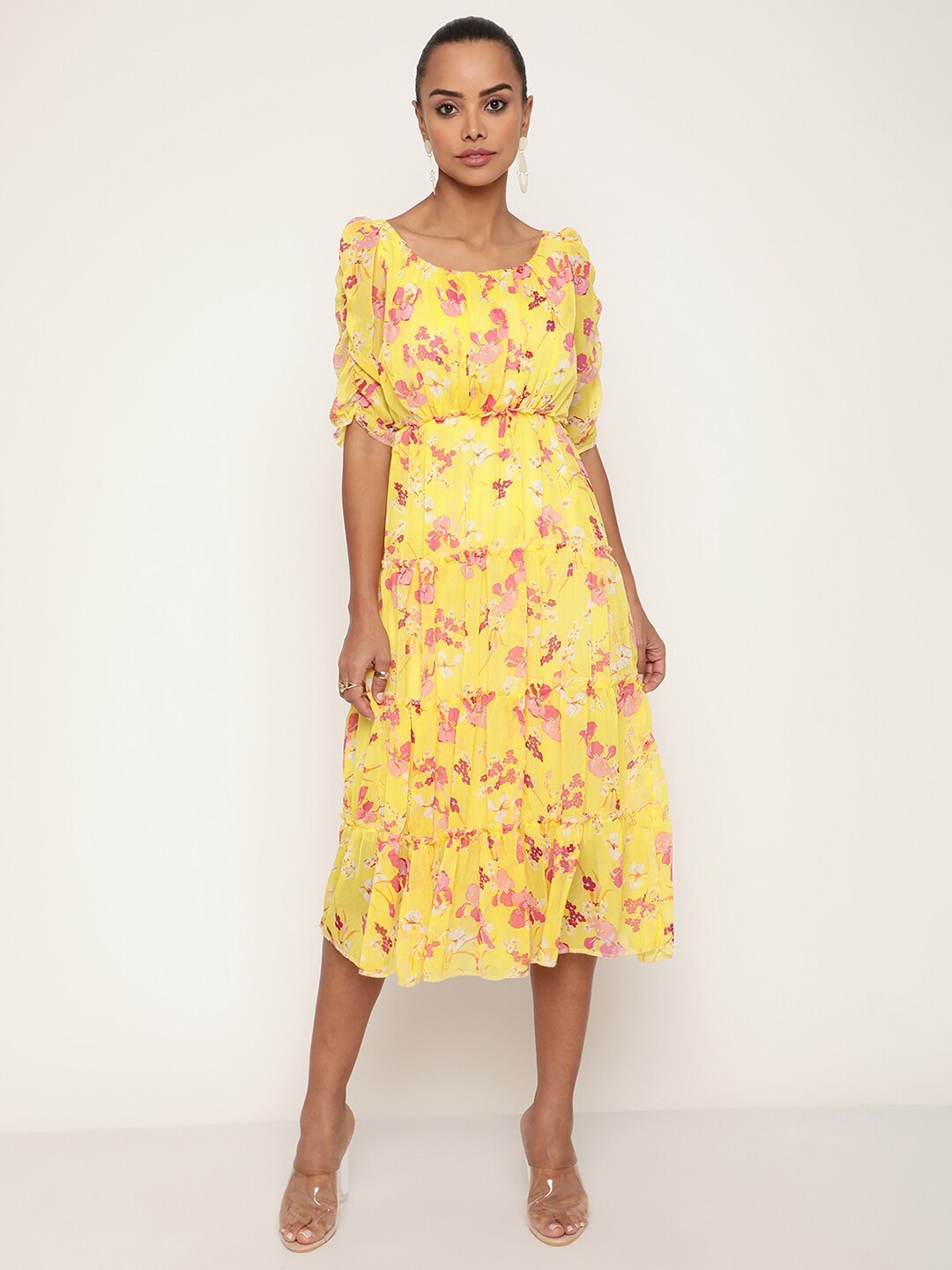 

Sugathari Floral Printed Puff Ruched Sleeve Gathered Chiffon Fit & Flare Tiered Dress, Yellow