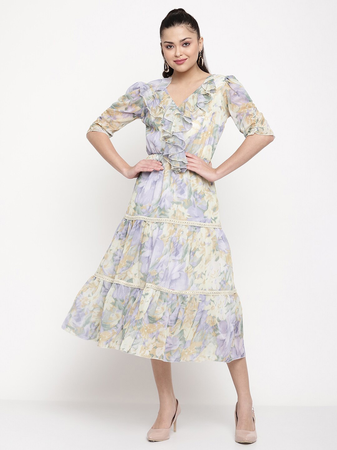 

Sugathari Floral Printed Ruffled Chiffon Fit & Flare Tiered Dress, Off white