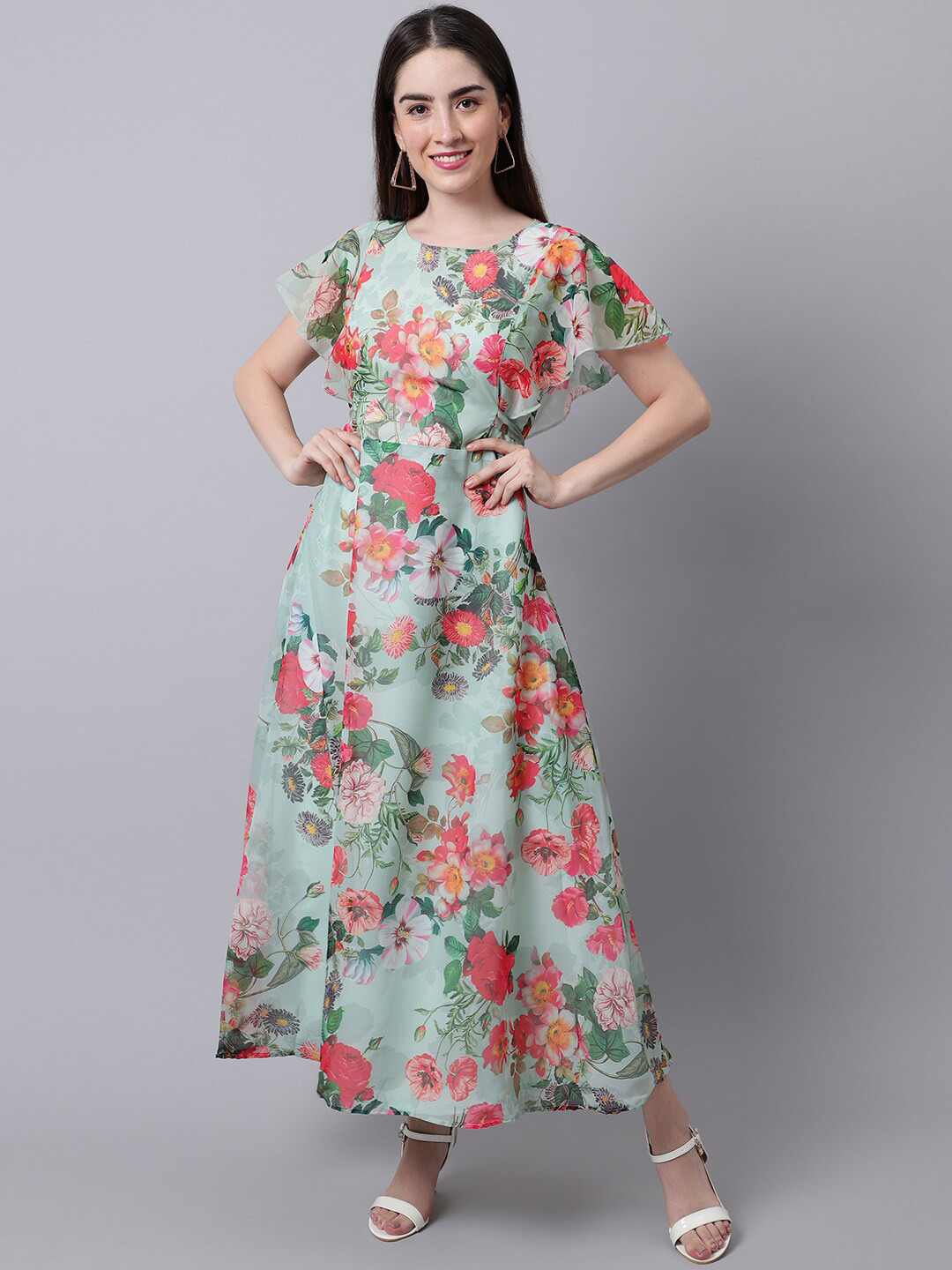 

Sugathari Floral Printed Flared Sleeve Ruffled A-line Maxi Dress, Green