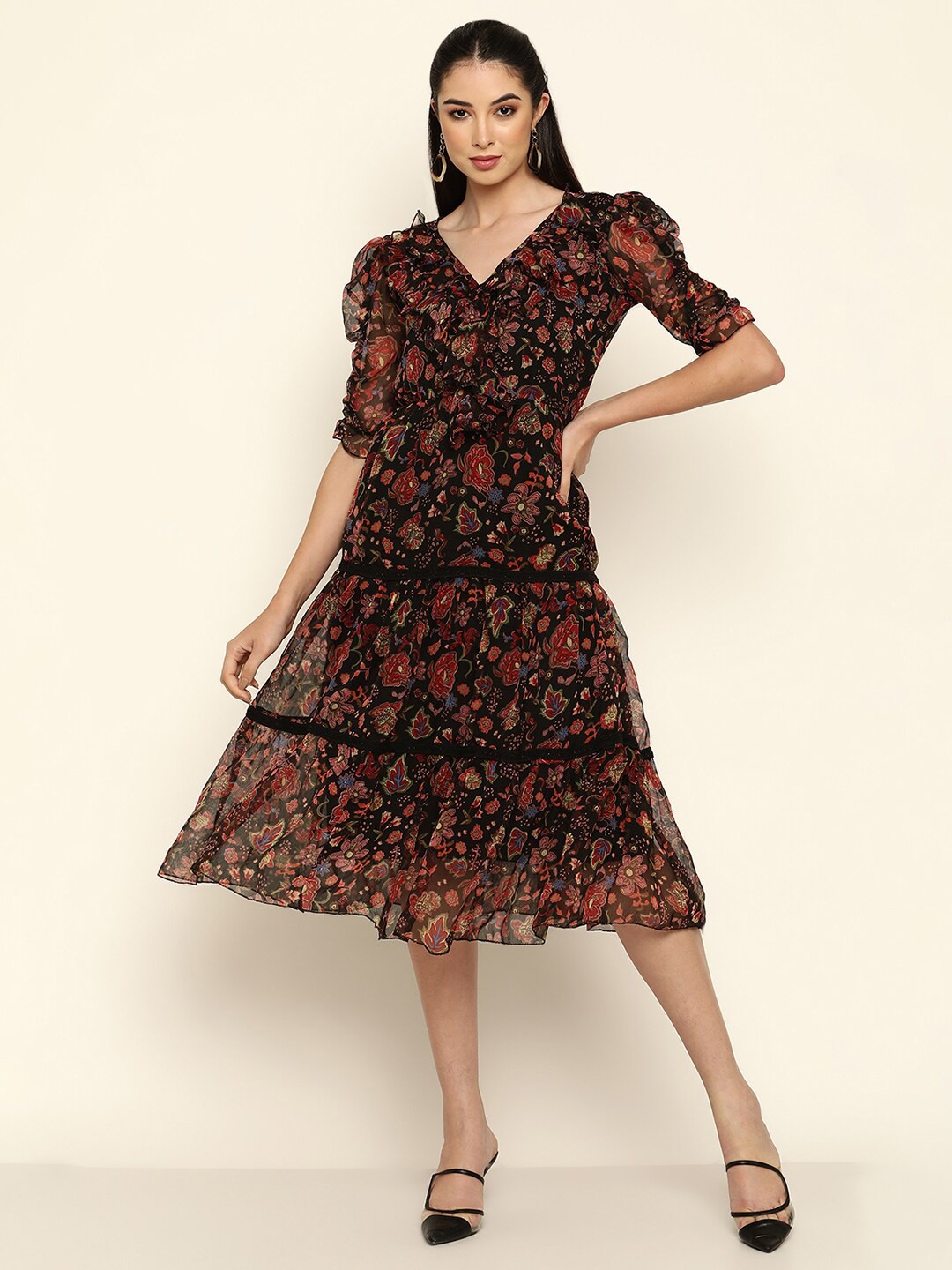 

Sugathari Floral Printed Tiered A-Line Midi Dress, Black