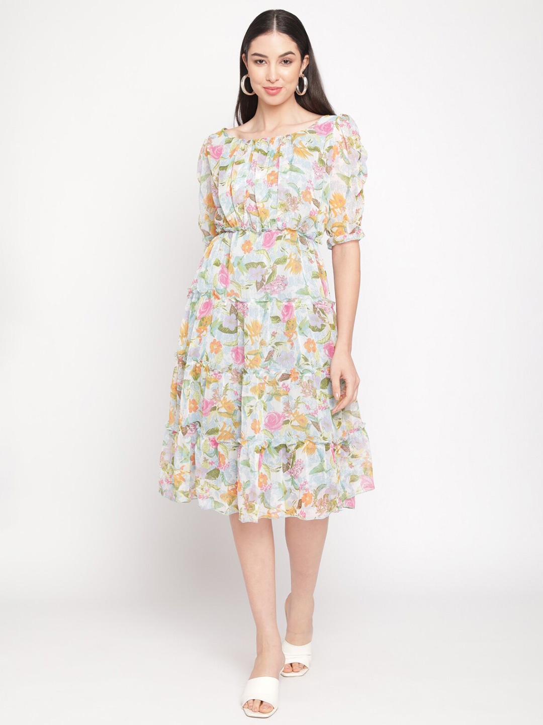 

Sugathari Floral Printed Puff Ruched Sleeve Gathered Chiffon Fit & Flare Tiered Dress, Multi