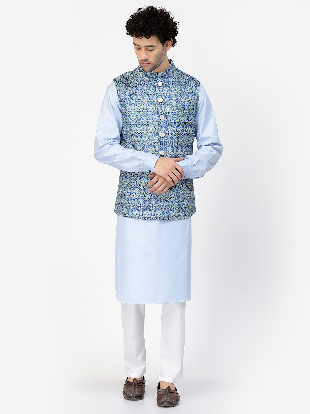 

MOHANLAL SONS Printed Art Silk Woven Nehru Jacket, Navy blue