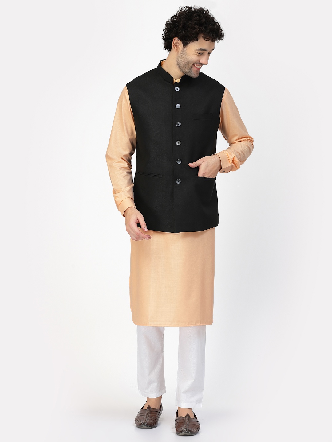 

MOHANLAL SONS Woven Cotton Jute Nehru Jacket, Black
