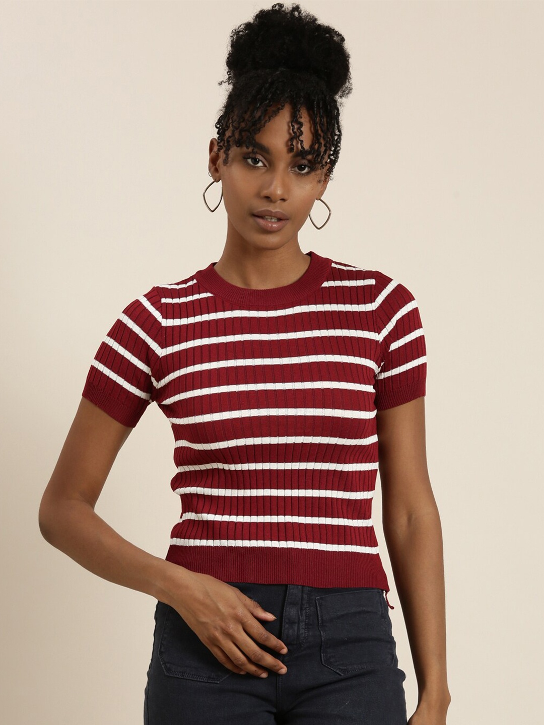 

SHOWOFF Striped Cotton Fitted Crop Top, Maroon