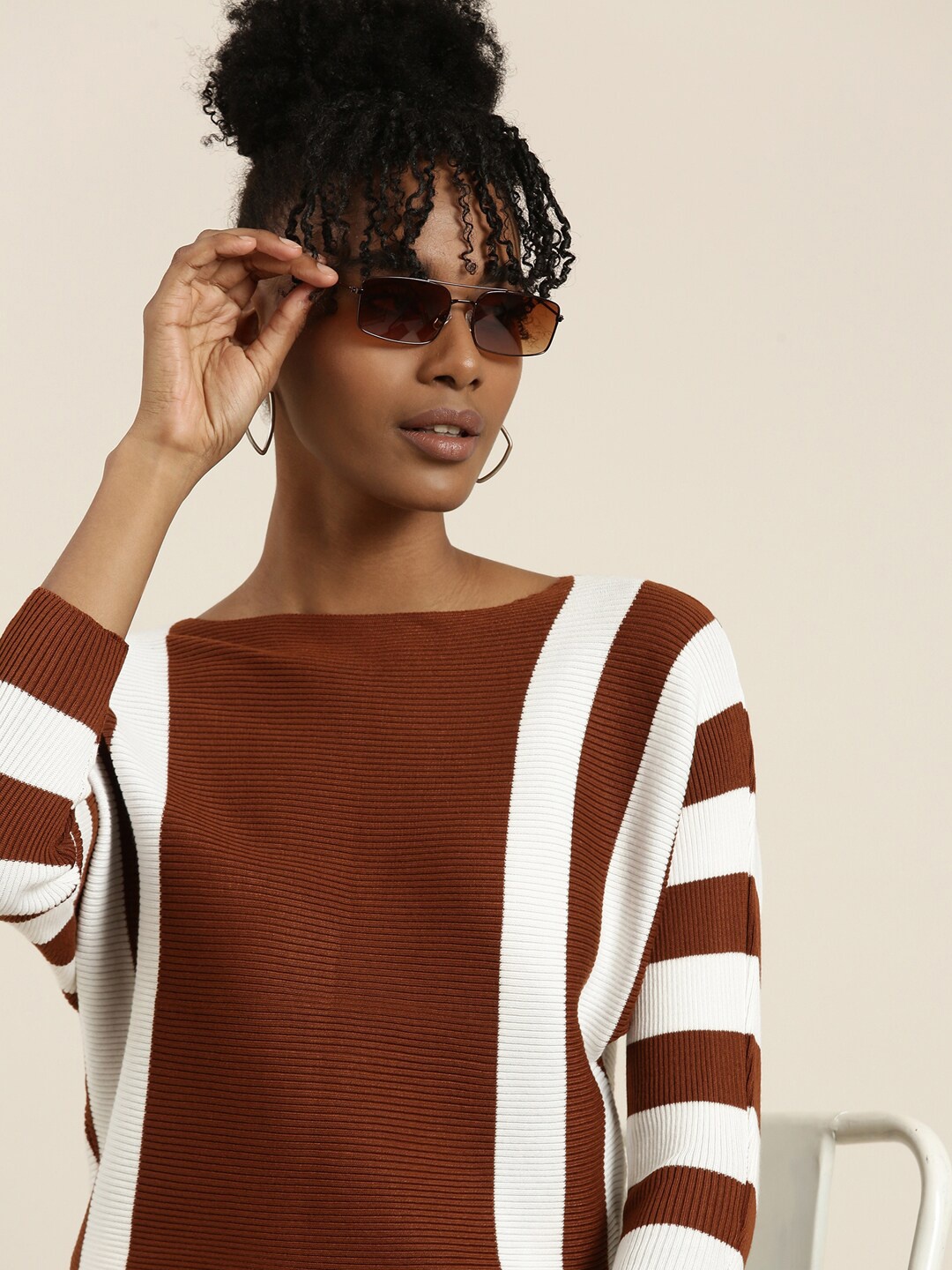 

SHOWOFF Striped Kimono Sleeve Cotton Top, Brown