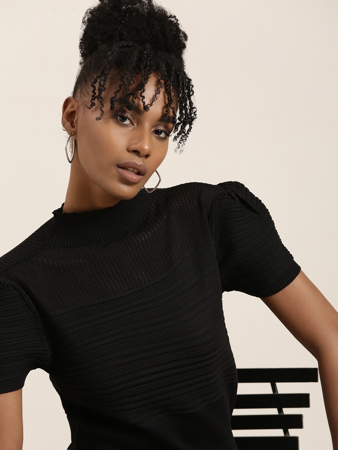 

SHOWOFF Self Design High Neck Puff Sleeve Top, Black