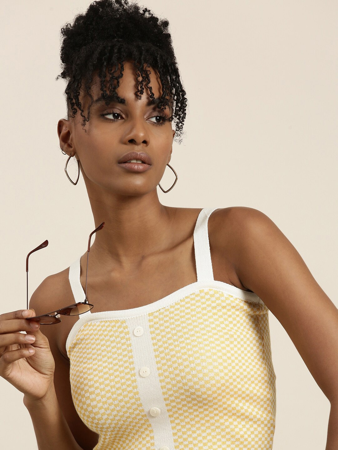 

SHOWOFF Checked Shoulder Straps Crop Top, Yellow