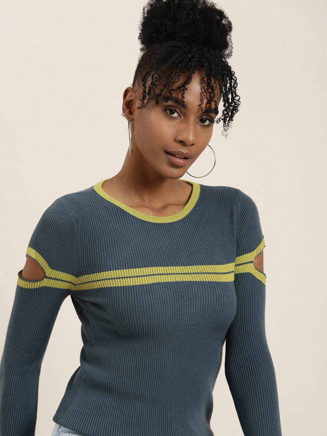 

SHOWOFF Striped Ribbed Fitted Top, Teal