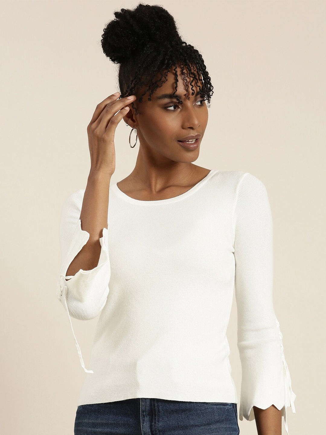 

SHOWOFF Ribbed Bell Sleeves Regular Top, White