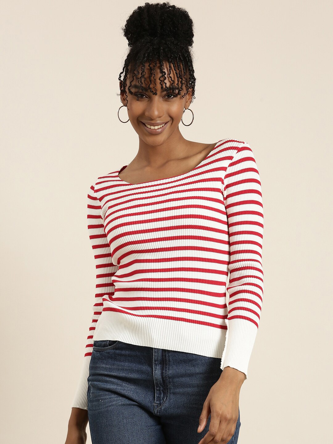 

SHOWOFF Striped Ribbed Square Neck Top, White