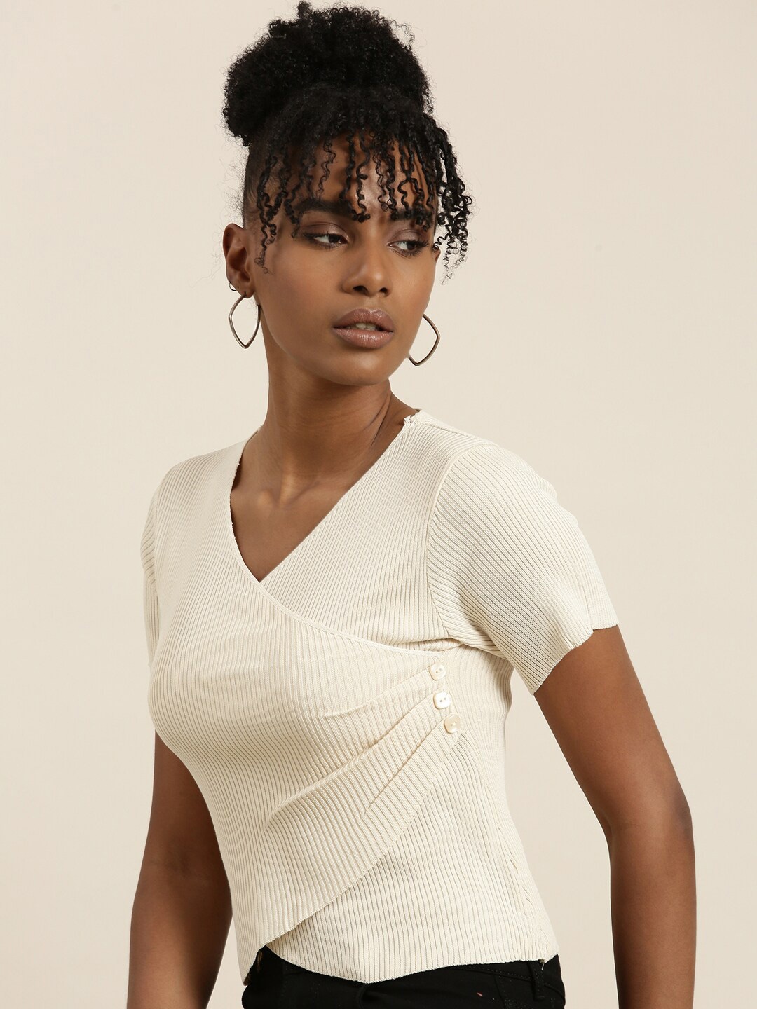 

SHOWOFF V-Neck Wrap Acrylic Crop Top, Beige