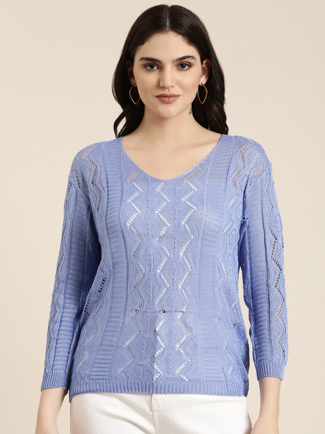 

SHOWOFF Blue Geometric Self Design V-Neck Woollen Top
