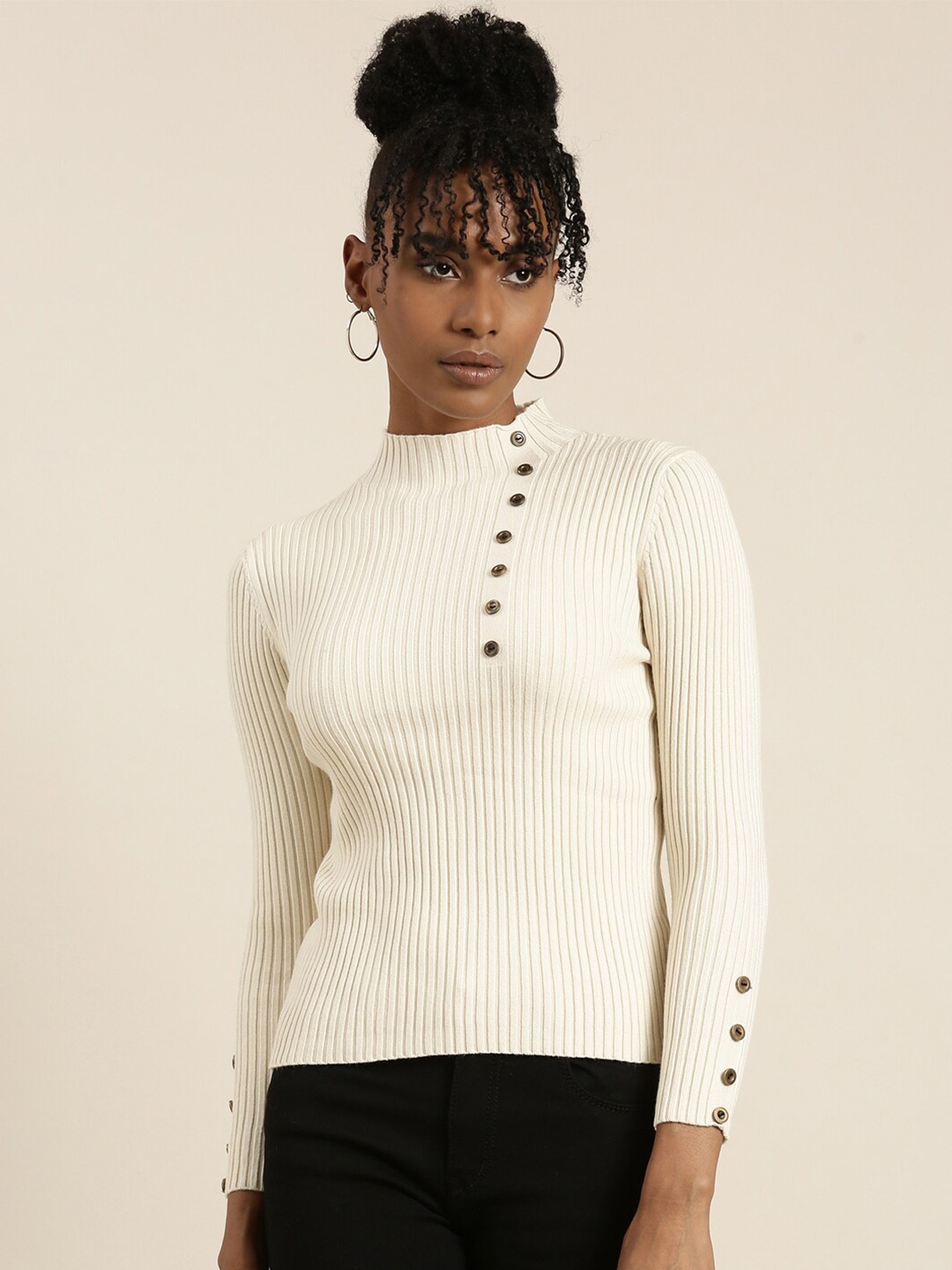 

SHOWOFF Ribbed High Neck Top, Off white