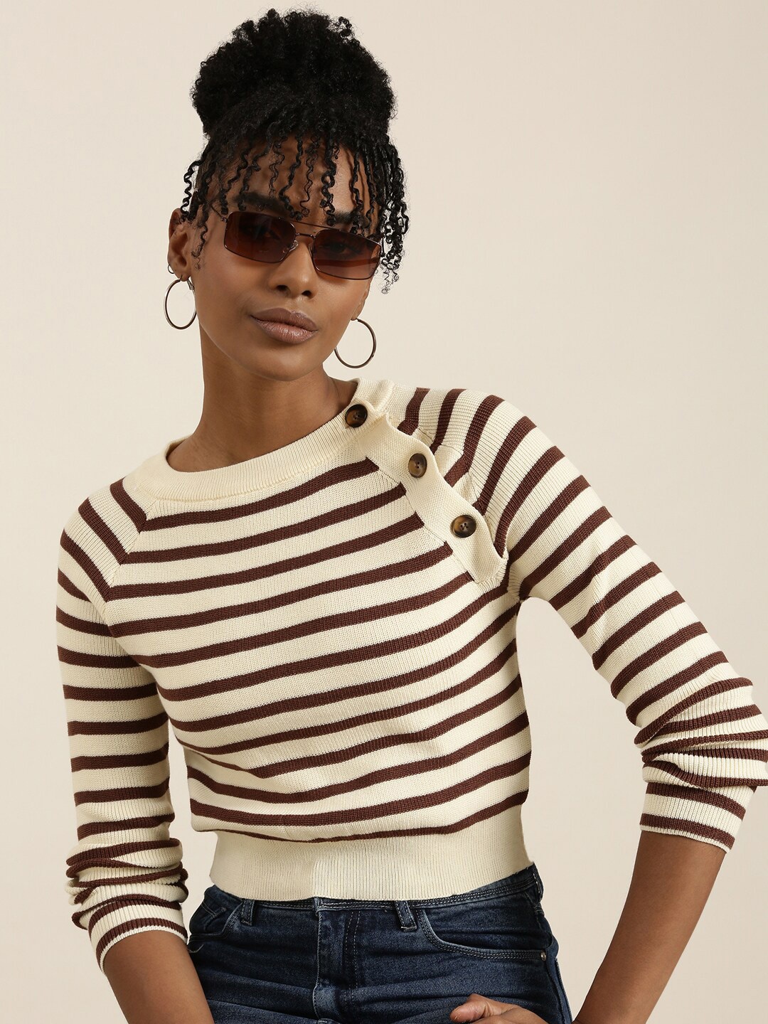 

SHOWOFF Striped Ribbed Raglan Sleeves Fitted Woollen Top, Cream