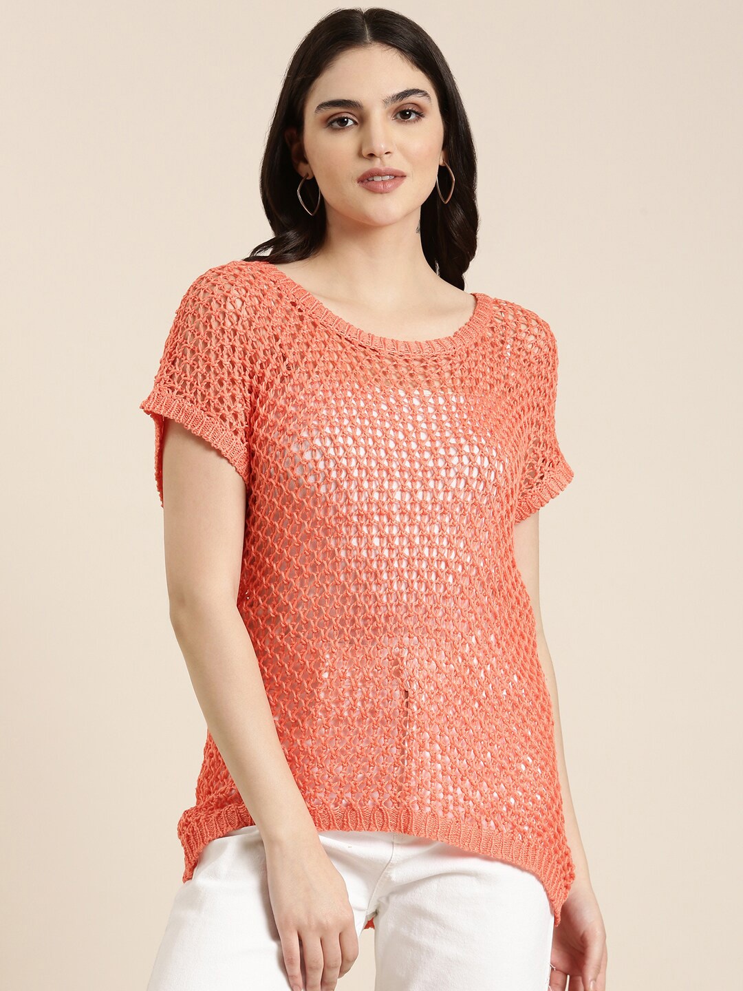 

SHOWOFF Self Design Sheer Woollen Top, Coral