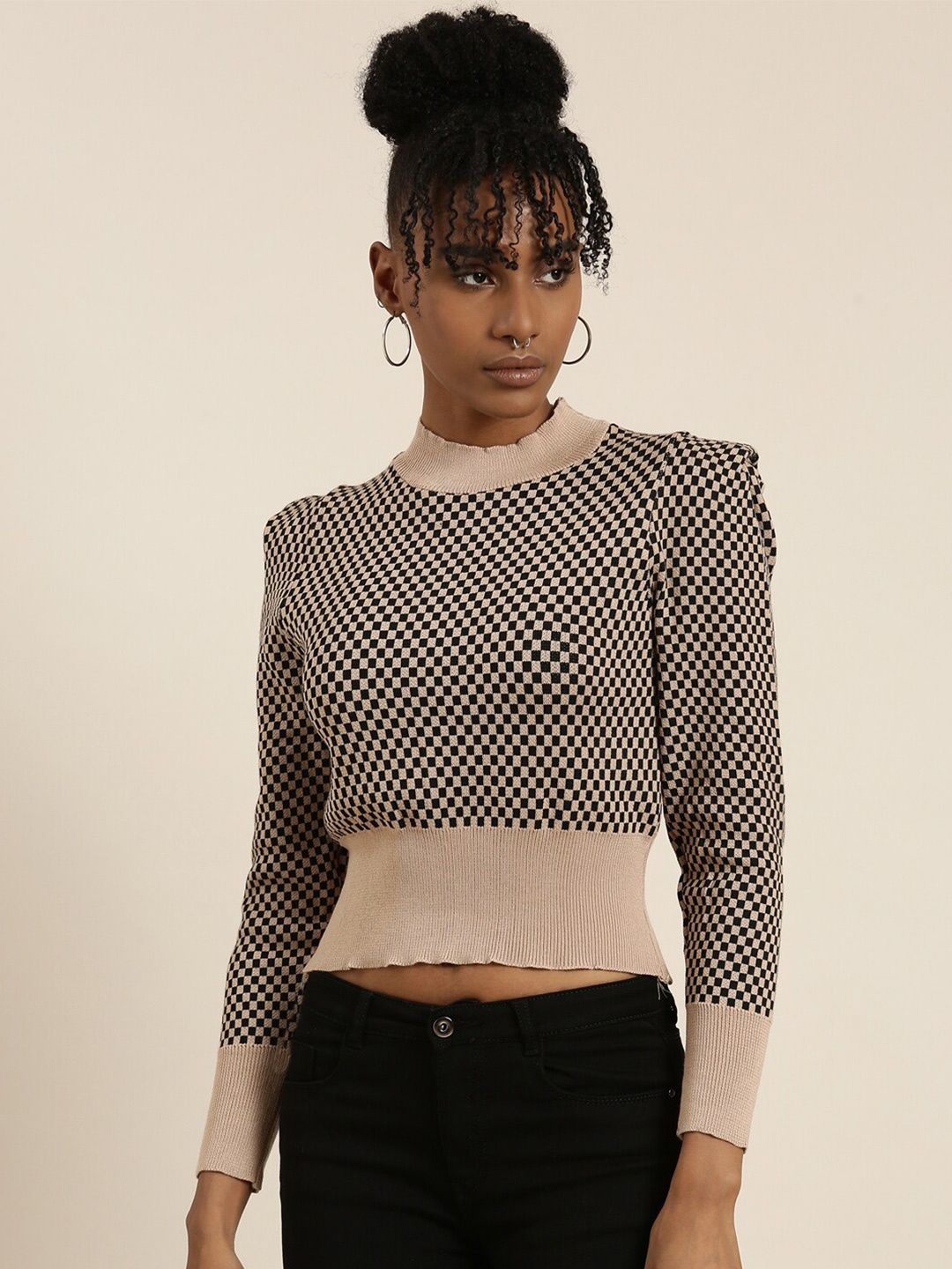 

SHOWOFF Checked High Neck Puff Sleeves Top, Beige