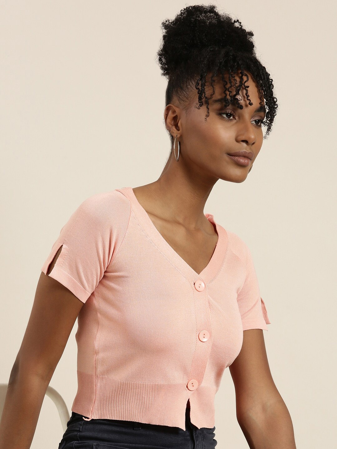 

SHOWOFF V-Neck Ribbed Crop Top, Peach