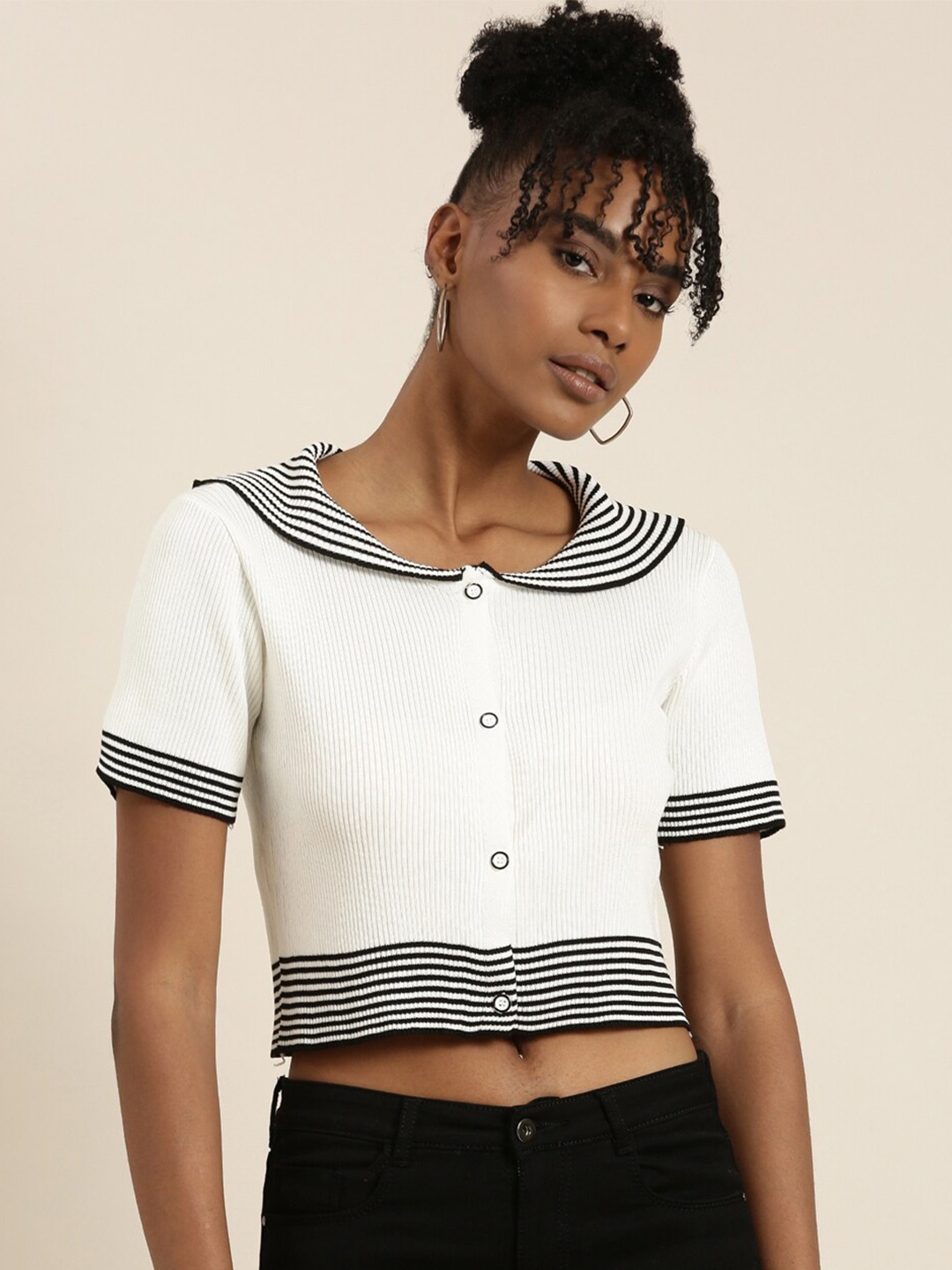

SHOWOFF Striped Ribbed Shirt Style Crop Top, White