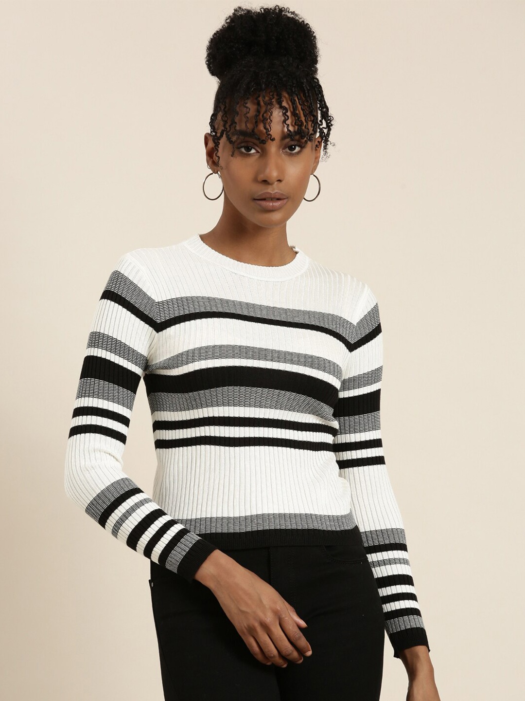 

SHOWOFF Striped Ribbed Fitted Top, White