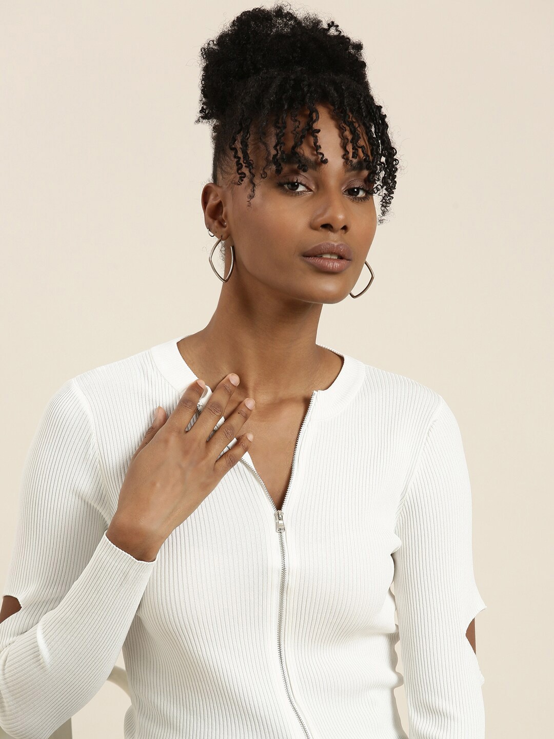 

SHOWOFF Striped Cut-Outs Round Neck Top, White