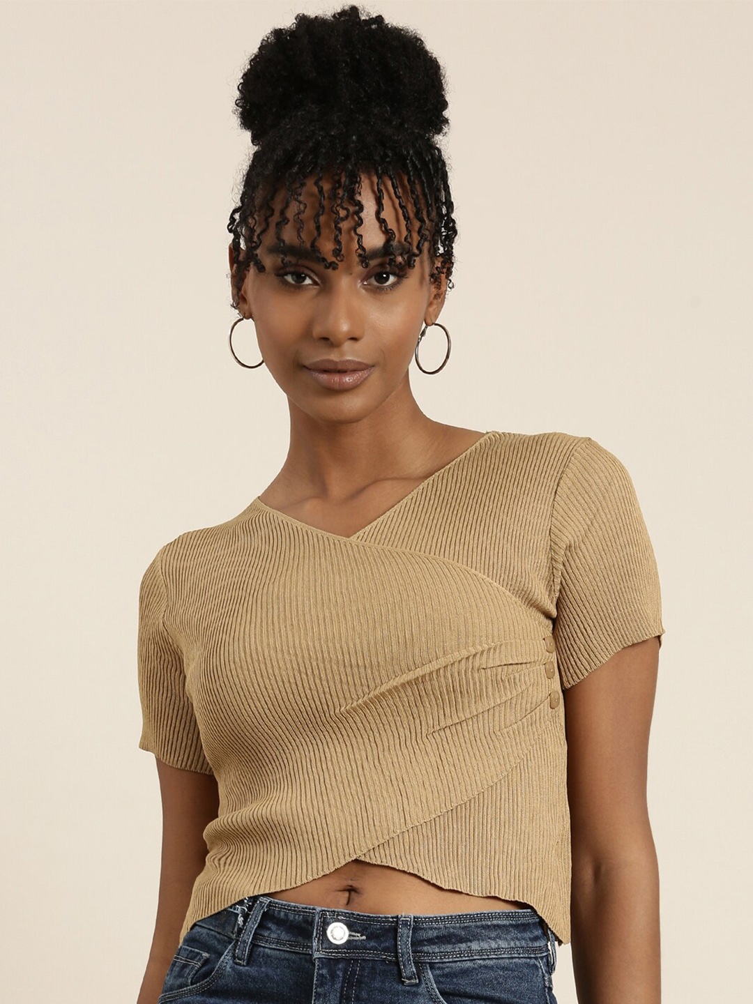 

SHOWOFF Ribbed Wrap Crop Top, Khaki