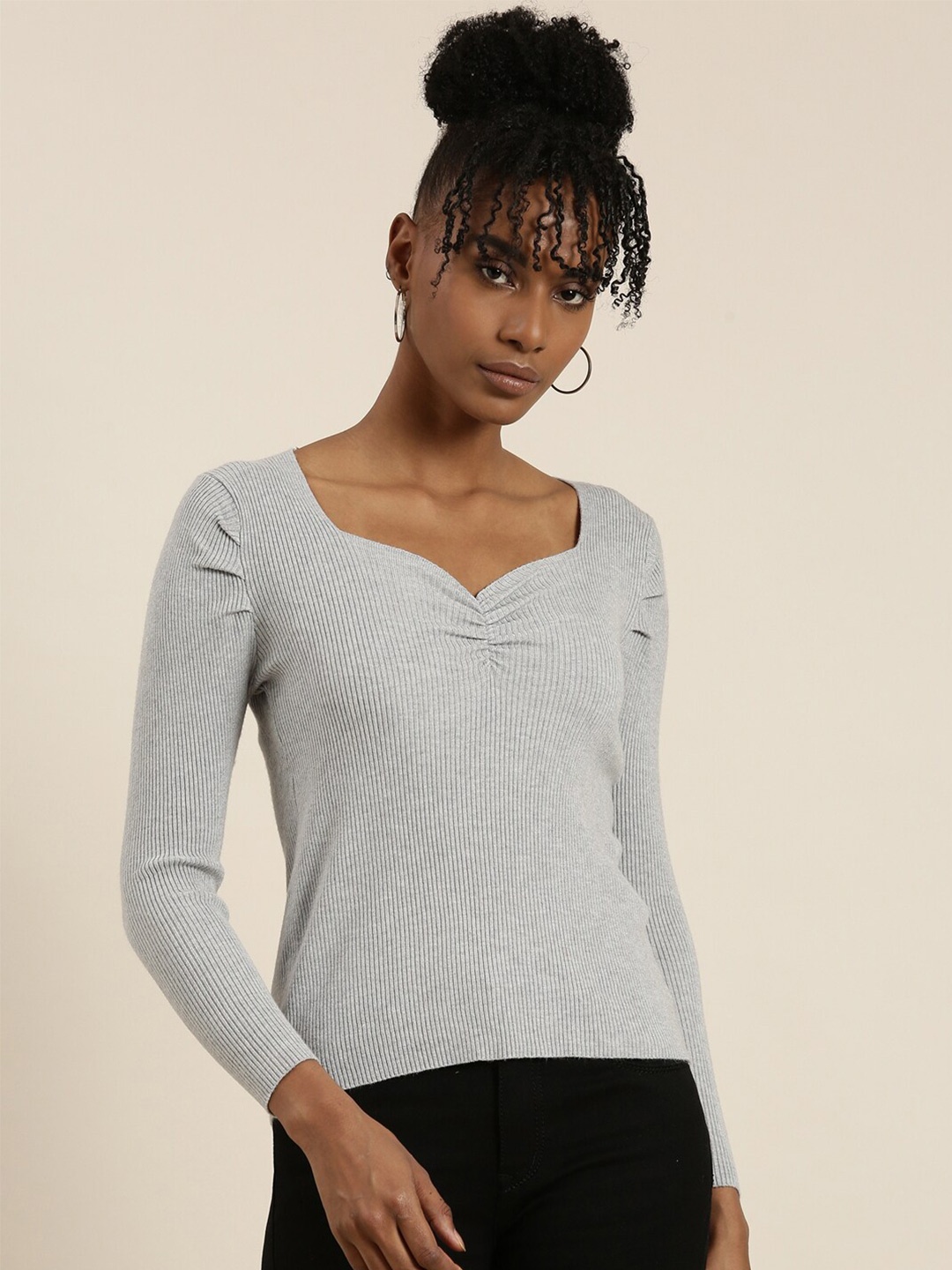 

SHOWOFF Sweetheart Neck Ribbed Fitted Top, Grey