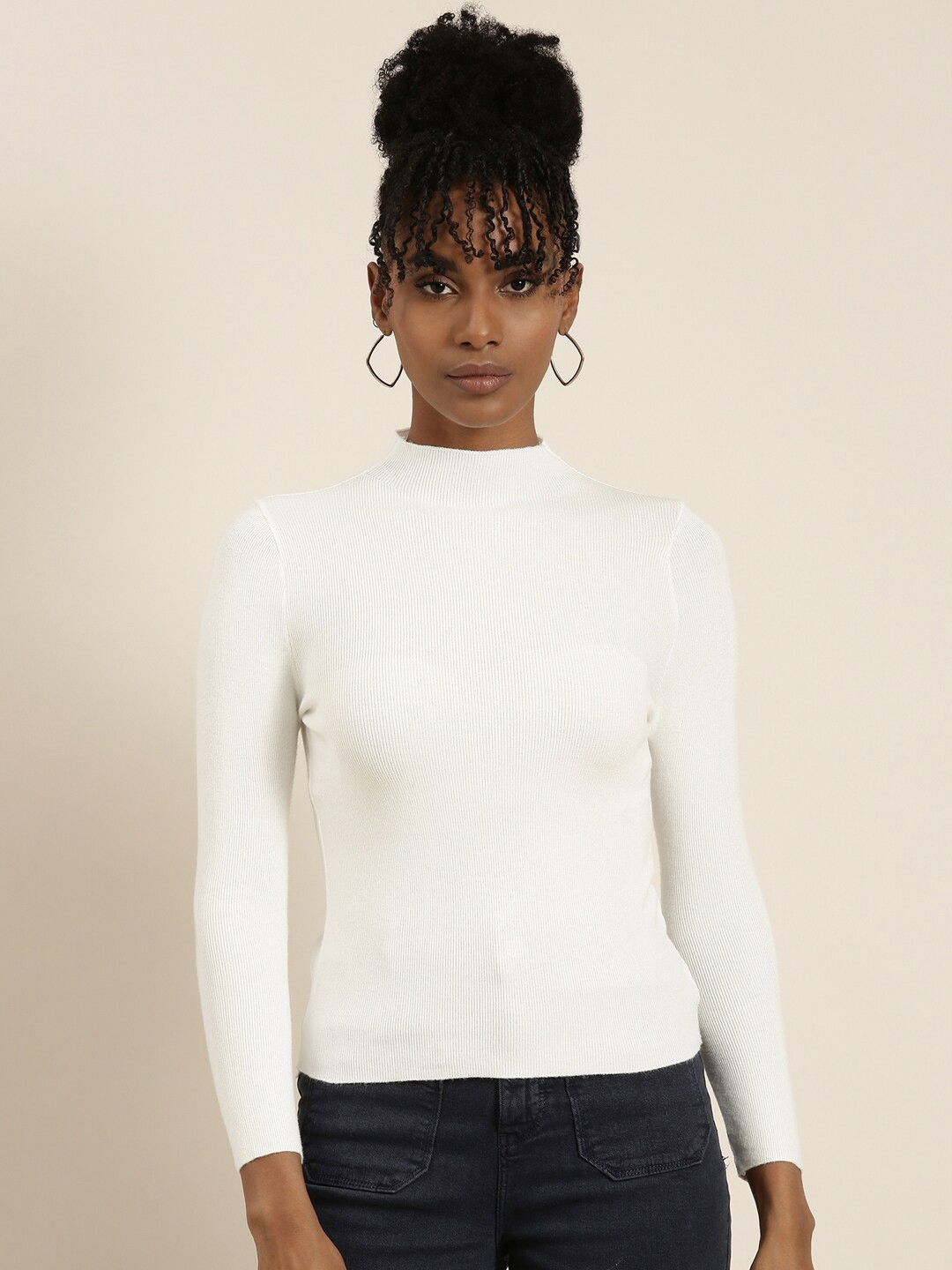 

SHOWOFF High Neck Ribbed Fitted Top, White