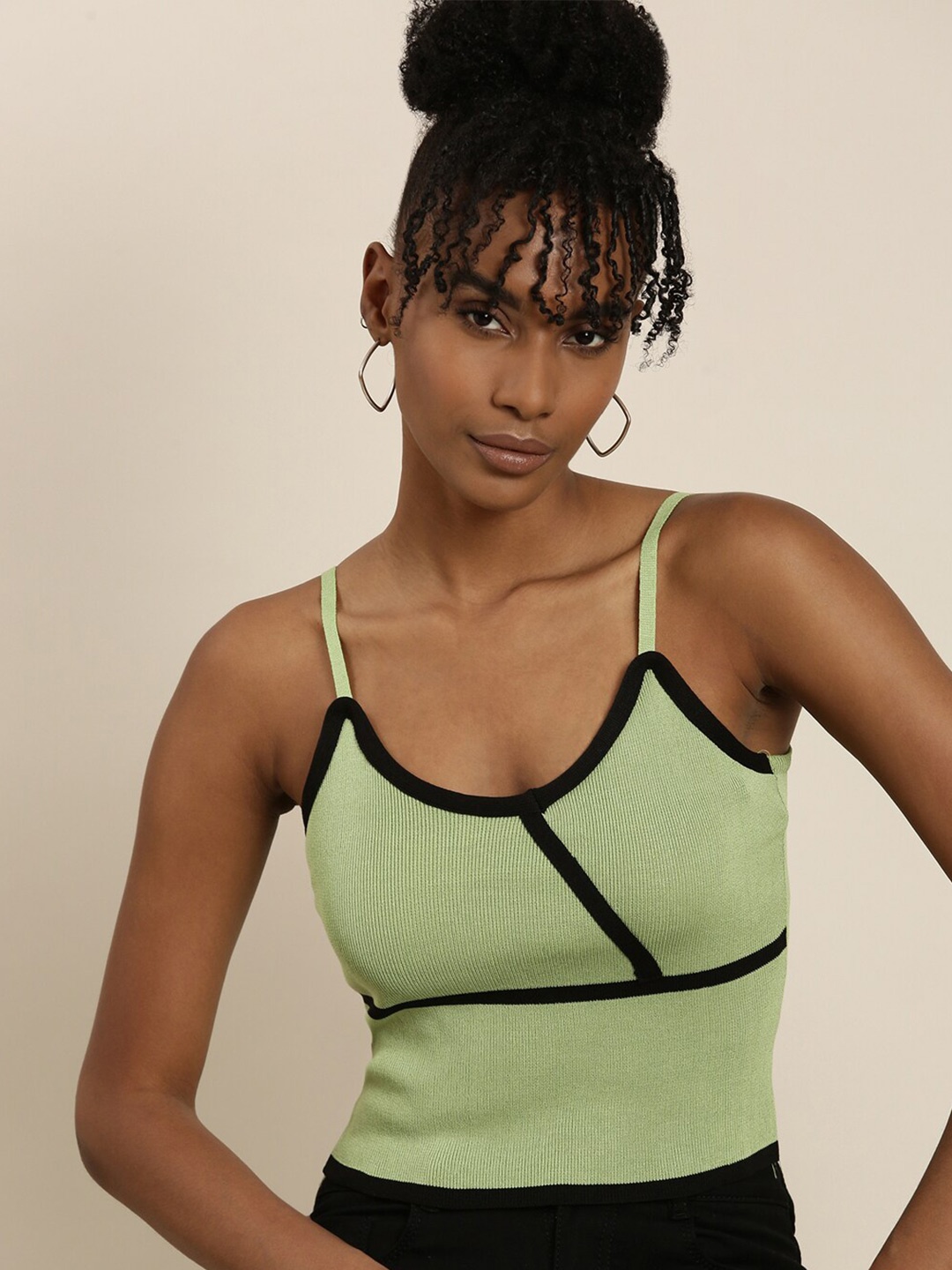 

SHOWOFF Ribbed Shoulder Straps Crop Tank Top, Green