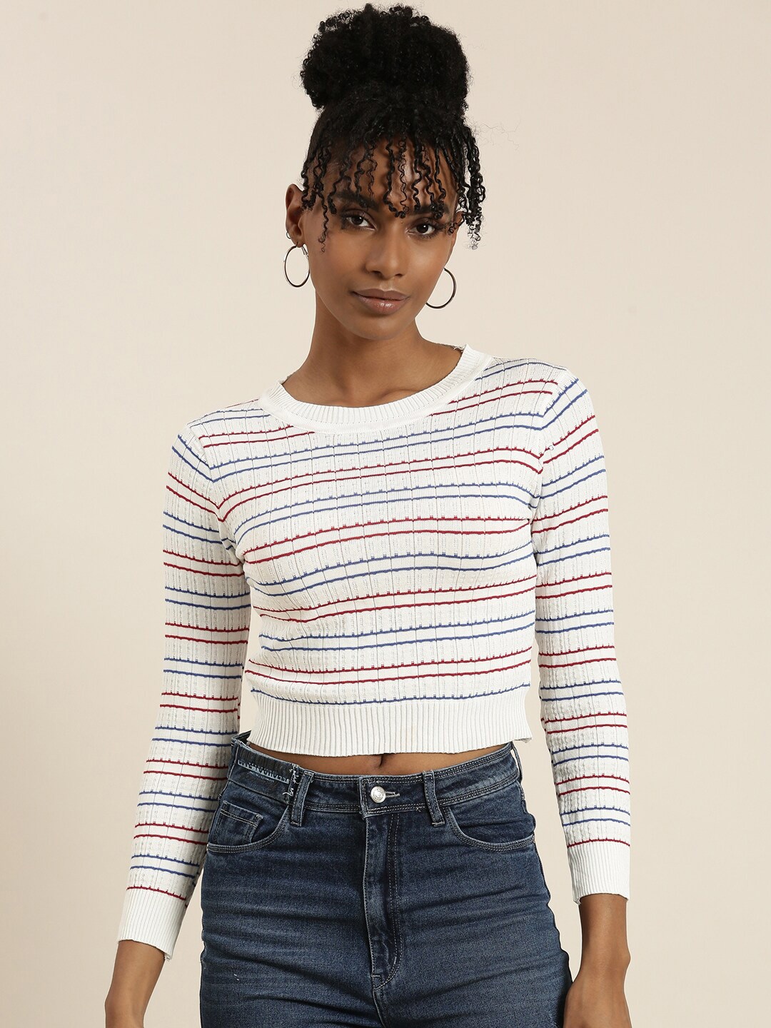 

SHOWOFF Striped Fitted Crop Top, White