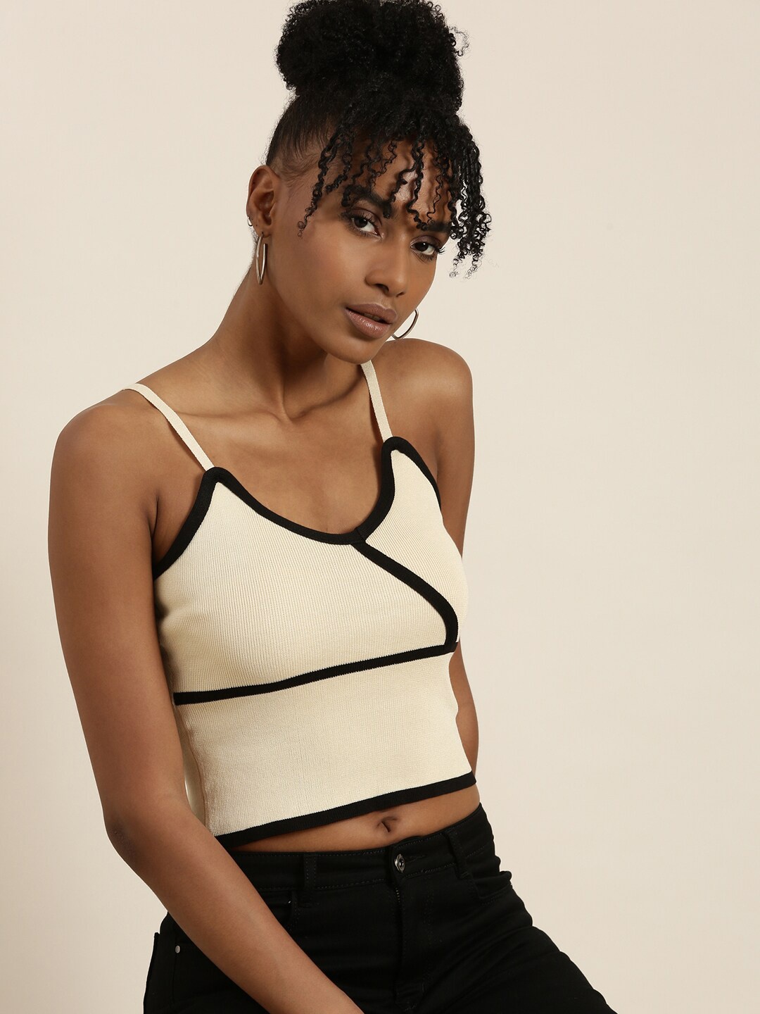 

SHOWOFF Shoulder Straps Cotton Bralette Crop Top, Beige