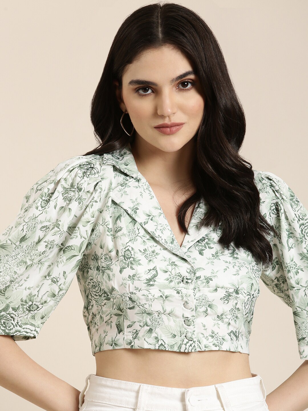 

SHOWOFF Floral Printed Puff Sleeves Shirt Style Crop Top, Green