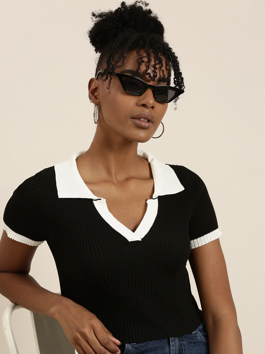 

SHOWOFF Shirt Collar Cotton Crop Top, Black
