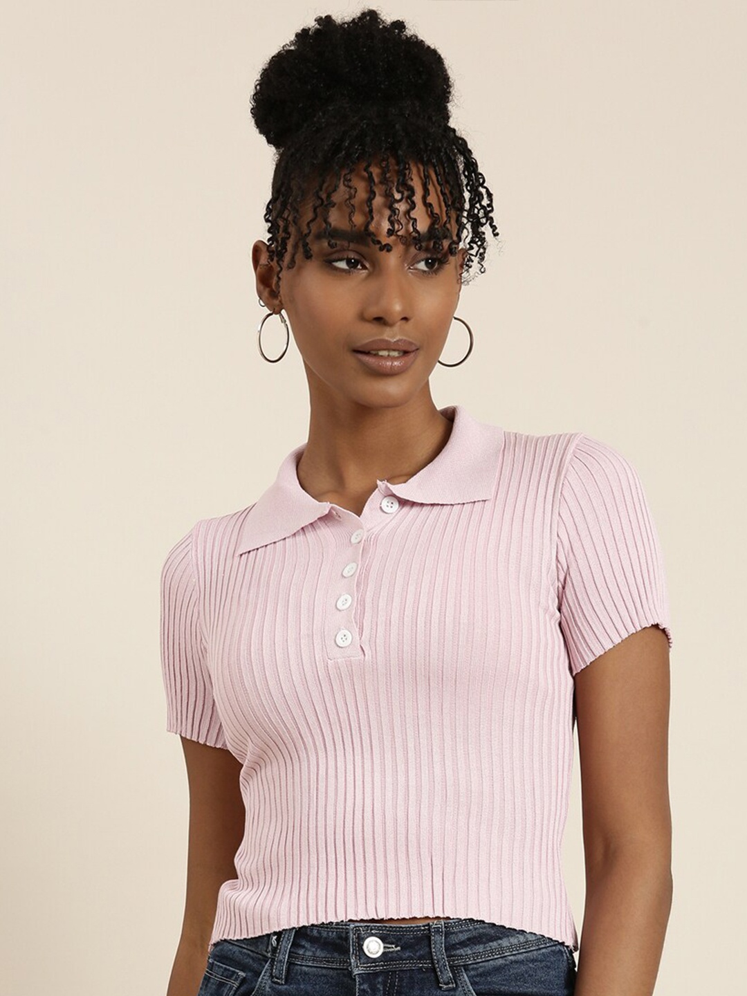 

SHOWOFF Shirt Collar Cotton Fitted Crop Top, Pink
