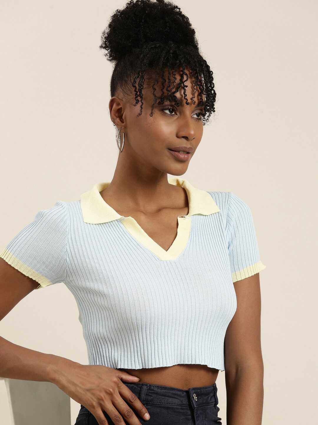 

SHOWOFF Shirt Collar Cotton Crop Top, Blue