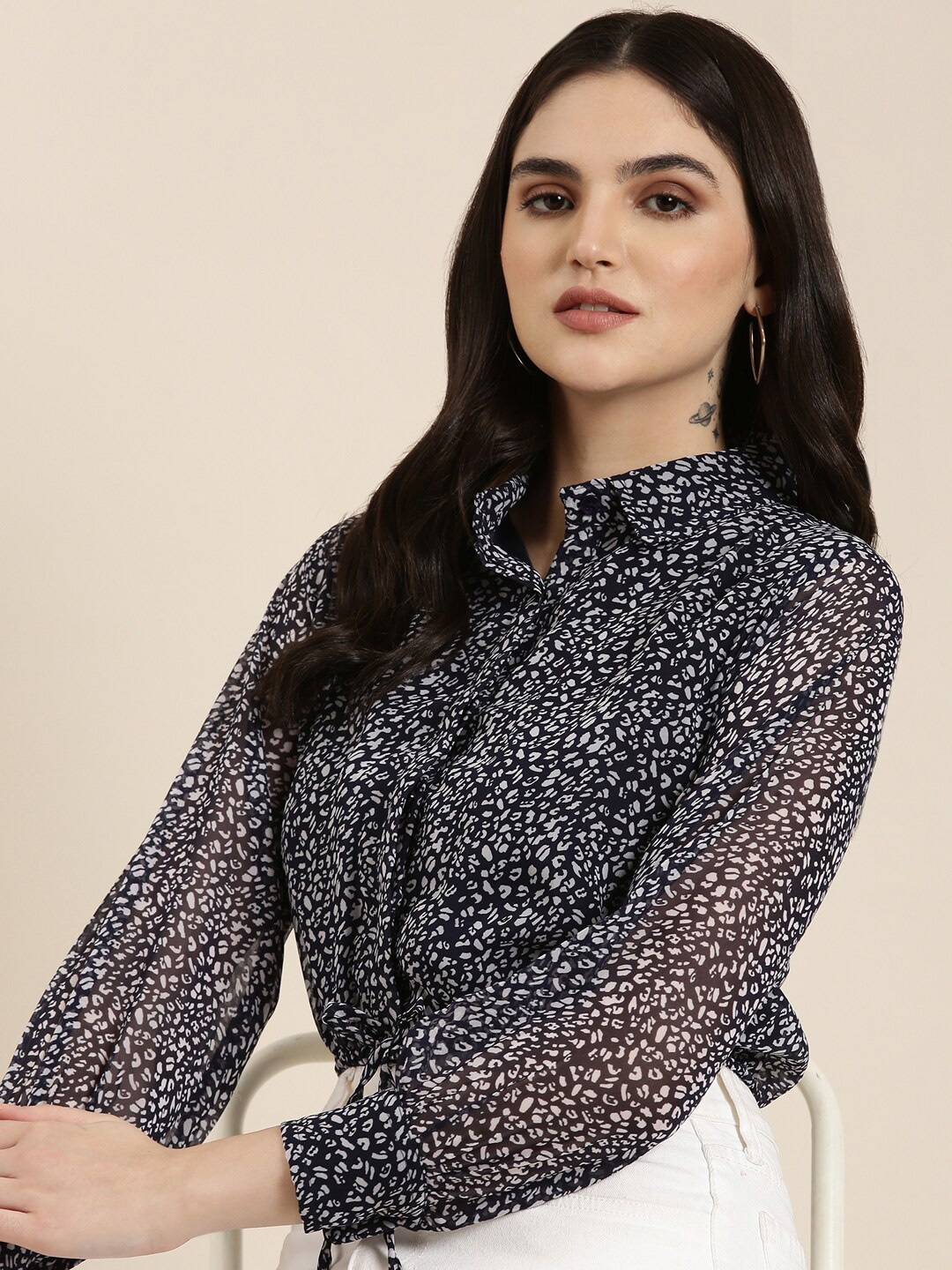 

SHOWOFF Animal Printed Chiffon Shirt Style Crop Top, Navy blue