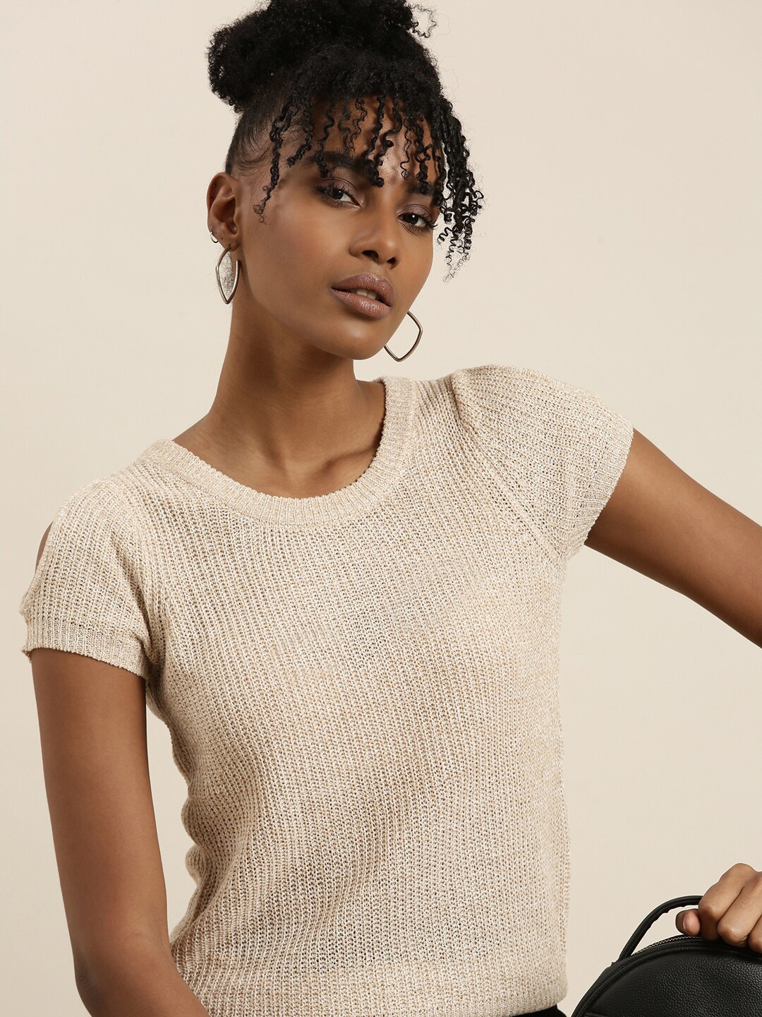 

SHOWOFF Round Neck Self Design Woollen Top, Beige