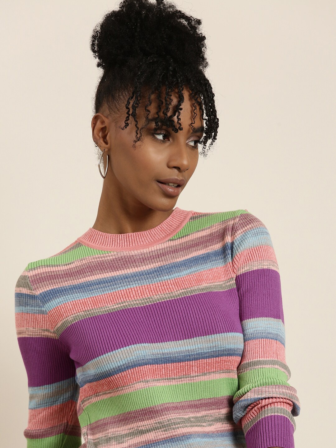 

SHOWOFF Striped Round Neck Cotton Top, Purple