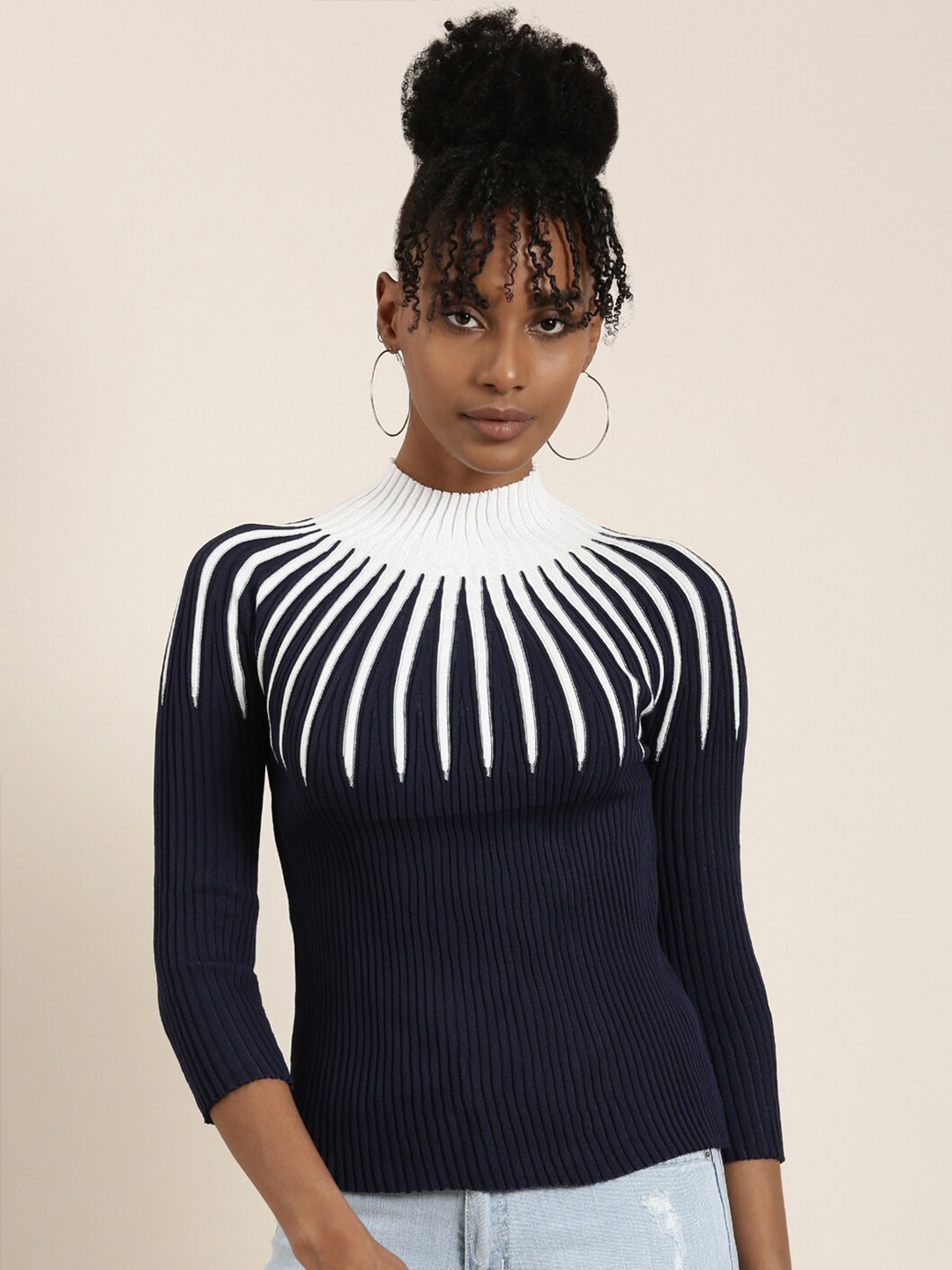 

SHOWOFF High Neck Ribbed Fitted Acrylic Top, Navy blue