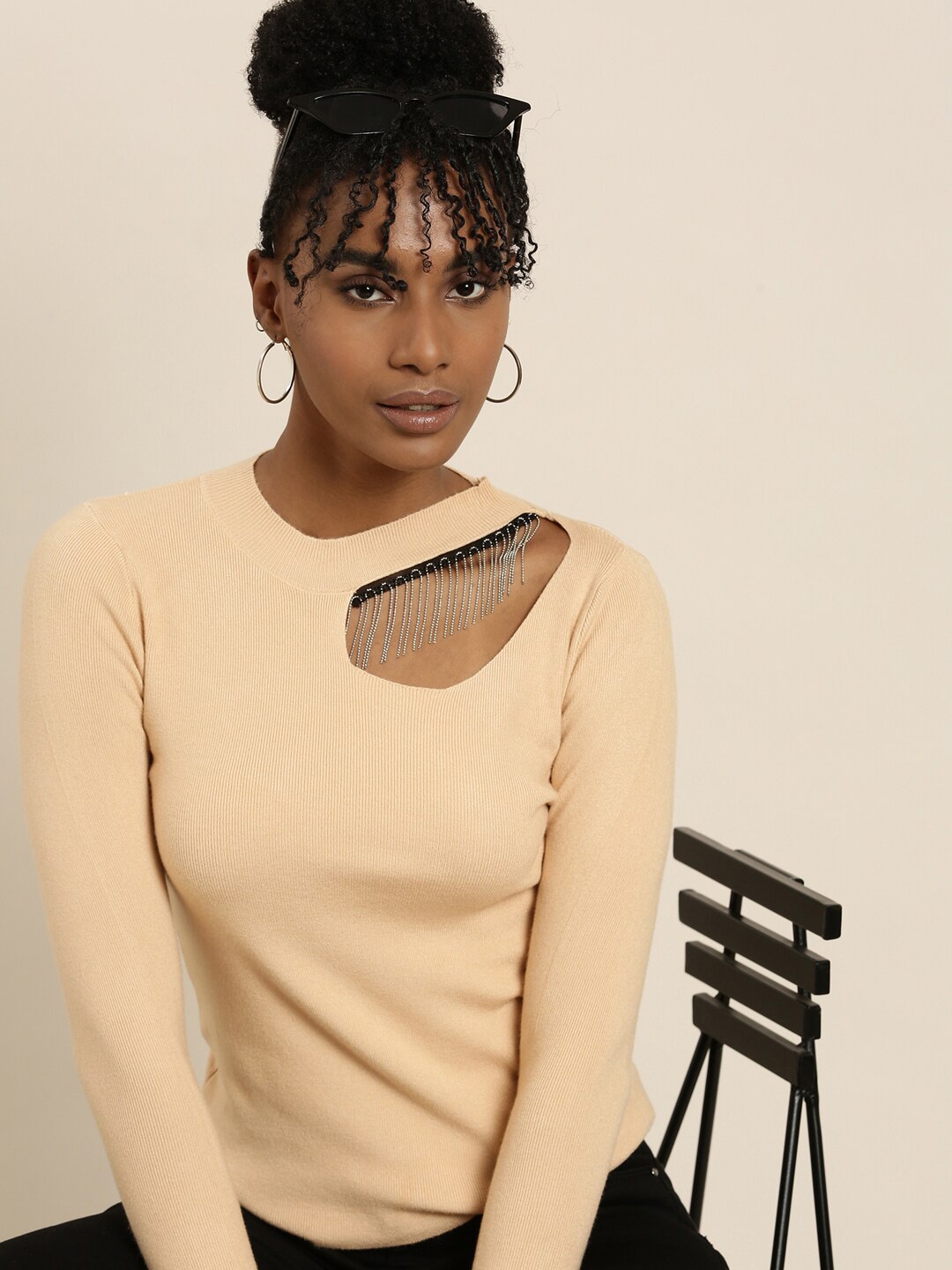 

SHOWOFF Round Neck Cut Outs Top, Tan