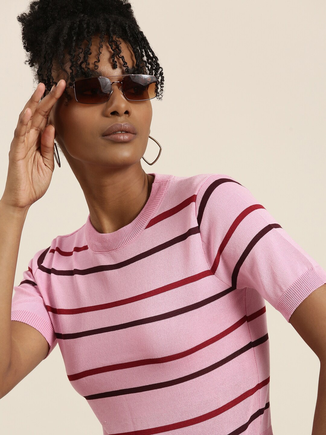 

SHOWOFF Striped Round Neck Top, Pink