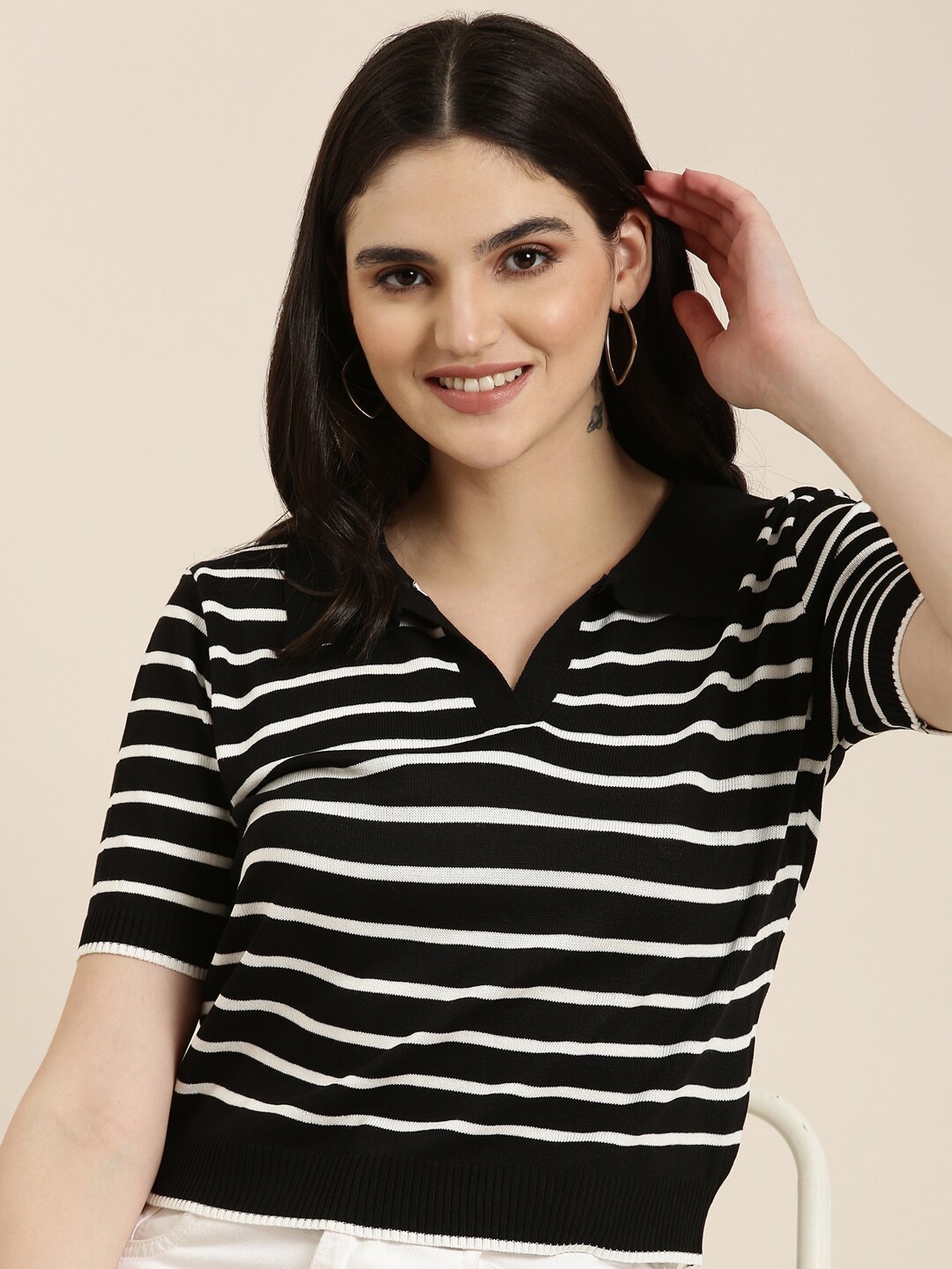 

SHOWOFF Shirt Collar Striped Cotton Top, Black