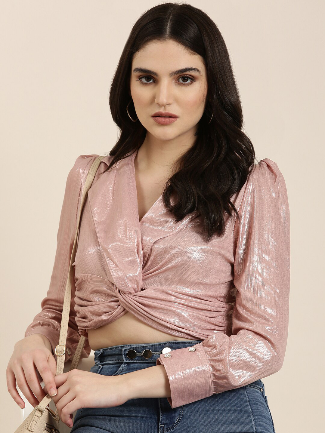 

SHOWOFF Shirt Collar Embellished Cuffed Sleeves Twisted Wrap Crop Top, Pink